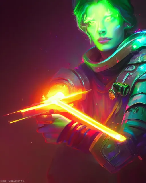 Image similar to A sorcerer wielding two Glock pistols, bust shot, smooth, intricate, elegant, galactic energy, power aura, neon glowing spells, digital painting, artstation, concept art, high tech fantasy, sharp focus, illustration, art by Jason Chan and Riot Studios and Blizzard Studios