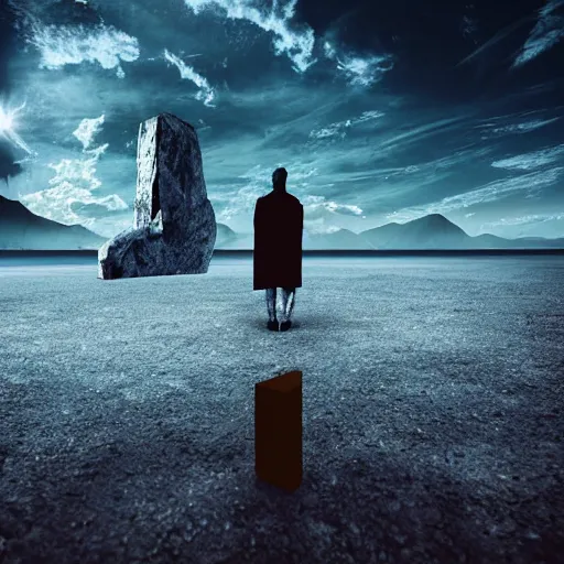 Image similar to symmetric, dark background, apocalyptic sky, sun radiating, monolith with alien runes, surreal geology, human figure, steps