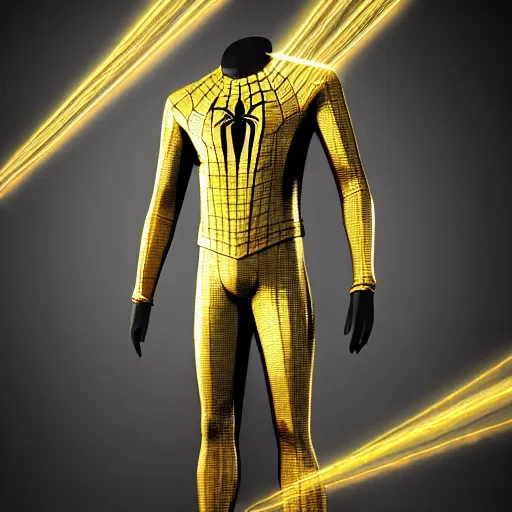 Image similar to gold spider - man suit with black web lining, cinematic, volumetric lighting, realistic, hyperdetailed, photorealistic, photograph