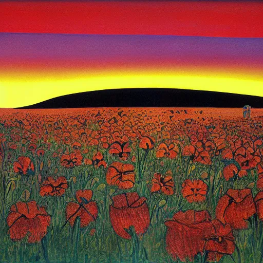 Prompt: Sunrise over the bone filled lands. Dark flower. Painting by Harald Sohlberg