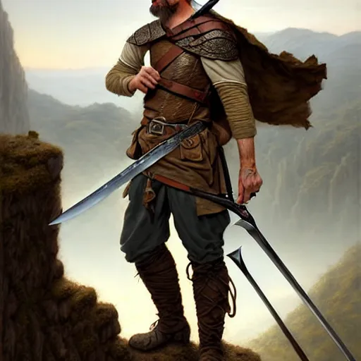 Prompt: middle age ranger with rugged expressions falcon pet on his shoulder holding a long sword, top a cliff observing old ruins of a castle, elegant clothing, photorealistic render, matte painting, highly detailed, artstation, smooth, sharp focus, art by michael whelan, artgerm, greg rutkowski gsociety, trending on artstation, rare ltd