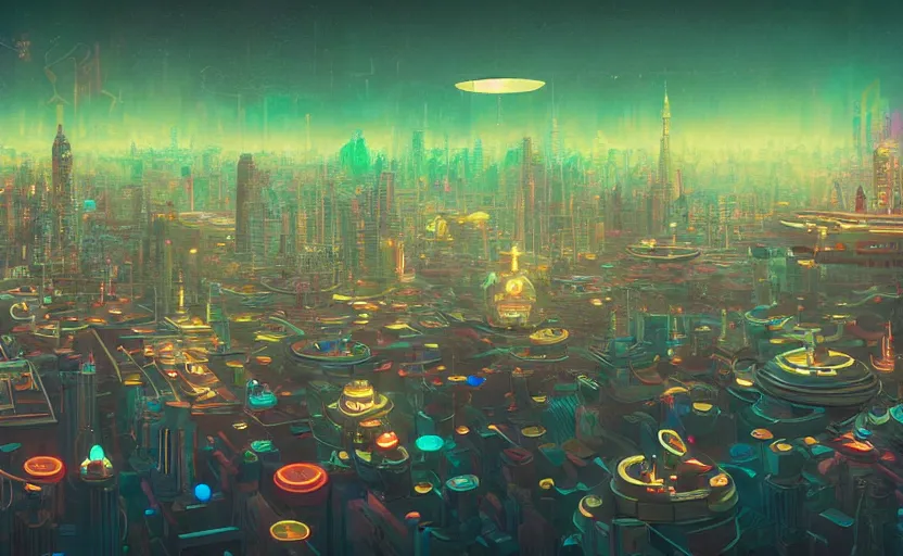 Prompt: Wide angle shot of a city with holographic fishes floating in the sky by Petros Afshar, James Gilleard, Mark Ryden, Wolfgang Lettl highly detailed, Dark cineamtic and atmospheric lighting