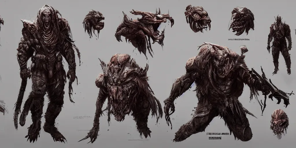 Prompt: predator design, character sheet, Moebius, Greg Rutkowski, Zabrocki, Karlkka, Jayison Devadas, Phuoc Quan, trending on Artstation, 8K, ultra wide angle, zenith view, pincushion lens effect.