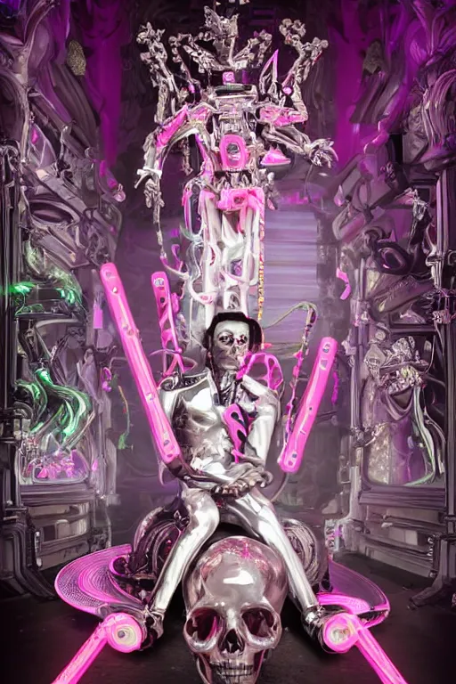 Image similar to full-body rococo and cyberpunk style neon statue of a young attractive Italiano macho dotado e rico android sim roupa reclining con las piernas abertas e la piroca dura, glowing white laser eyes, prince crown of pink gears, diamonds, swirling silver-colored silk fabric. futuristic elements. full-length view. space robots. human skulls. intricate artwork by caravaggio. Trending on artstation, octane render, cinematic lighting from the right, hyper realism, octane render, 8k, depth of field, 3D