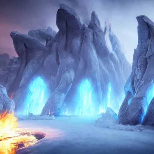 Image similar to a portal from the ice world to the fire world, both can seen, unreal engine fantasy art, fantasy digital art, octane render, beautiful composition, trending on artstation, award-winning photograph, masterpiece