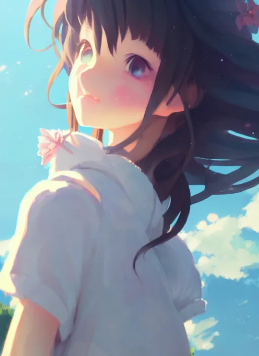 Image similar to portrait of cute girl, cloudy sky background lush landscape illustration concept art anime key visual trending pixiv fanbox by wlop and greg rutkowski and makoto shinkai and studio ghibli