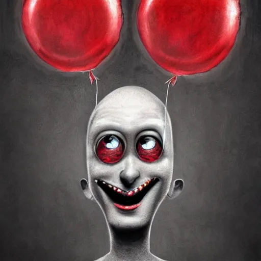 Prompt: surrealism grunge cartoon portrait sketch of a circular monster with a wide smile and a red balloon by - michael karcz, loony toons style, the conjuring style, horror theme, detailed, elegant, intricate