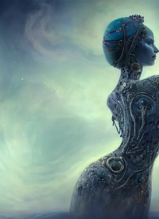 Image similar to epic portrait of menacing, agitated, anxious yet stunningly beautiful biomechanical djinn overseeing the iridescent fabric of the universe, by charlie bowater, mandy jurgens, gustav klimt, octane render, dramatic camera angle, 4k, 8k, high detail, HDR, by tom bagshaw, powerful, with inspiration from Beksinski, inspired by greek goddess Athena