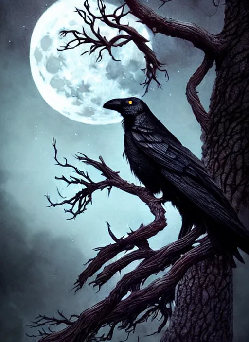 Image similar to side portrait dark crow on tree in front of the full big moon, fine art, awesome fantasy book cover on Pinterest, award winning, fantasy forest landscape, fantasy magic, dark golden light night, intricate, elegant, sharp focus, illustration, highly detailed, digital painting, concept art, matte, art by WLOP and Artgerm and Greg Rutkowski, masterpiece, trending on artstation