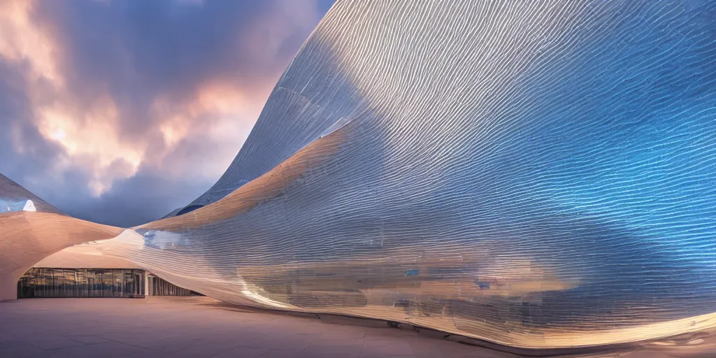 Image similar to extremely detailed awe stunning beautiful futuristic smooth curvilinear museum exterior, translucent gills, stunning volumetric light, stainless steel, concrete, translucent material, beautiful sunset, hyper real, 8k, colorful, 3D cinematic volumetric light, atmospheric light