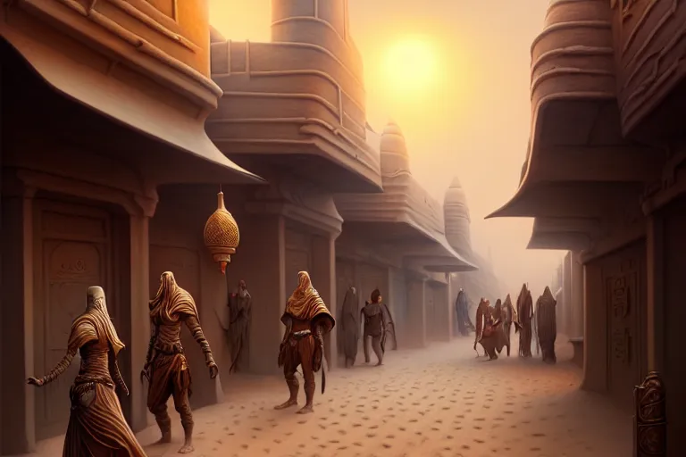 Image similar to a highly detailed bazaar street in the dune city of tyr from the land of athas, amazing dark sun digital painting, by gerald brom, brom digital art, intricate details, ultra realistic, beautiful art, volumetric lighting, stylized cell shading, warm colors advance cool colors recede, by brom, trending cgsociety, artstation, rim lighting, 8 k