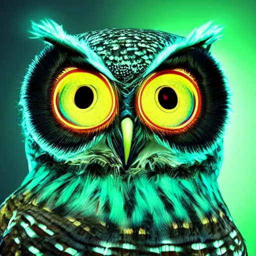 Image similar to wise owl with glowing disney eyes, realistic high detailed scales octane render, portrait, face symmetry, centered, anime style, disney character style green enlightened background