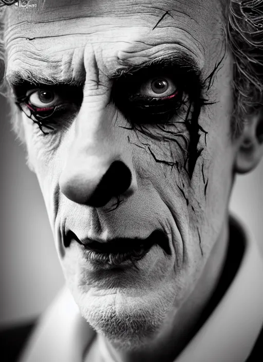 Prompt: photo of Peter Capaldi as the Joker by Lee Jeffries, head shot, detailed, award winning, Sony a7R