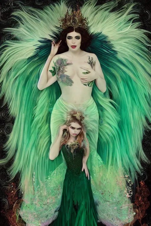 Prompt: ombre fishnet gown, queen of feathers, portrait, long green hair, wings, emeralds, tattered dress, glasses, tattooed pinup, feral languid emma roberts, by greg rutkowski, anato finnstark, alphonse mucha, global illumination, radiant light