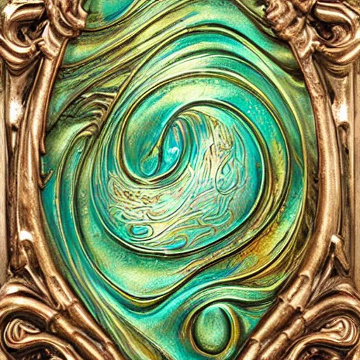 Image similar to Art Nouveau cresting oil slick waves, hyperdetailed bubbles in a shiny iridescent oil slick wave, ornate copper patina medieval ornament, rococo