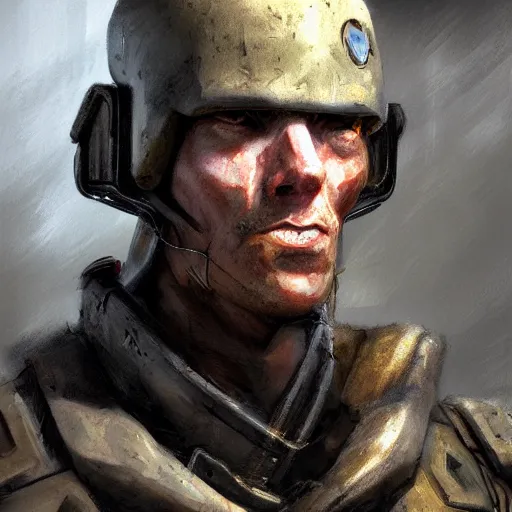 Prompt: a portrait painting of a combine soldier from half - life 2 videogame, realistic, detailed, concept art, in the style of greg rutkowski,