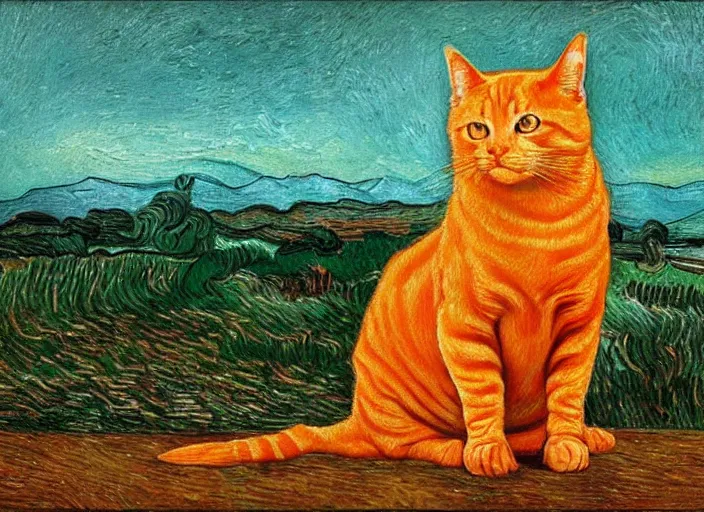 Prompt: detailed realistic realism painting of lasagna that looks like an orange tabby cat, at dusk, in the style of vincent van gogh and salvador dali and leonardo da vinci