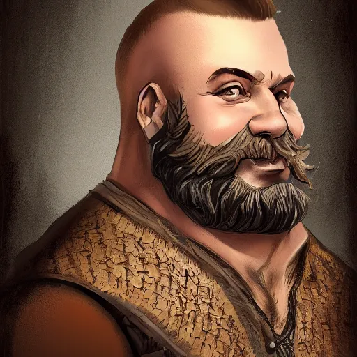 Image similar to portrait, 5 0 years old man, large, stocky : : fantasy : : brown hair, sympathetic, thick brown beard : : noble medieval clothing : : high detail, digital art, rpg, concept art, illustration