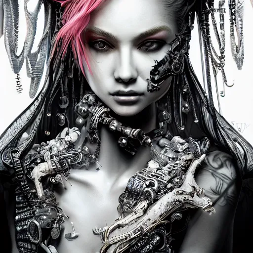 Prompt: the portrait of an absurdly beautiful, graceful, elegant, sophisticated, fashionable cyberpunk gravure idol, an ultrafine hyperdetailed illustration by kim jung gi, irakli nadar, intricate linework, bright colors, porcelain skin, mixed metals, unreal engine 5 highly rendered, fashion photography, global illumination, radiant light, detailed and intricate environment
