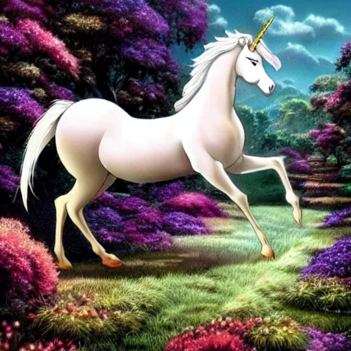 Image similar to A stunningly beautiful mystical unicorn :: hyperdetailed :: hyper realistic :: by Ghibli Studio :: in the style of Fantasy Art