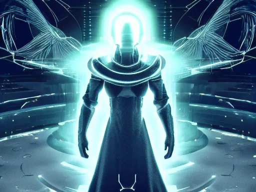 Image similar to a gray faceless figure, ascended, robot wizard, NPC with a saint\'s halo, saintly halo behind their head made of neon filigree, consulting the cyber oracle of all knowledge, at the end of time, in an esoteric ritual exchange of physical code, 8k, 4k, unreal 5, DAZ, trending on artstation, octane render, abstract painting, bright blue future