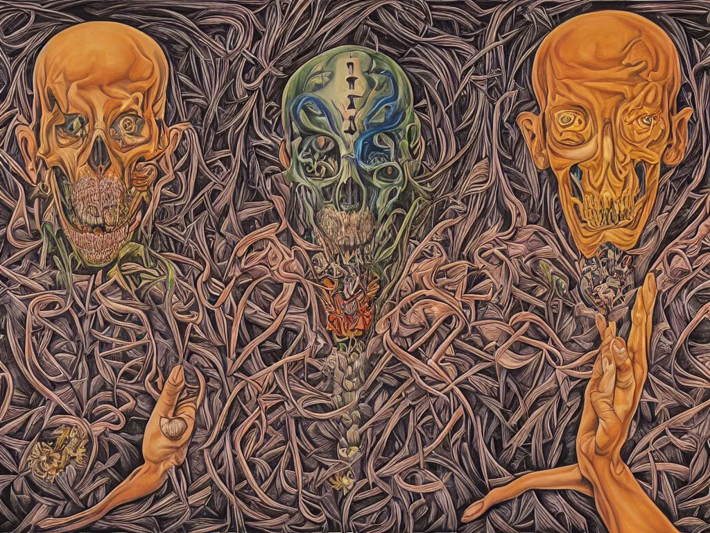 Image similar to transformation through death by Alex Grey and M. C. Escher collaboration