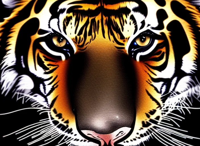 Image similar to an extremely detailed masterpiece grunge drawing of a tiger's face, in the style of richard avedon, after life, loony toons style, horror themed, detailed, elegant, intricate, trending on artstation, 4 k