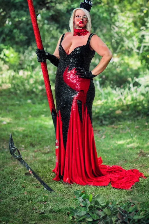 Image similar to Lord Licorice in a red and black sequins gown holding a peppermint sword