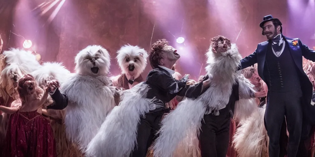 Prompt: Hugh Jackman in Greatest Showman standing 6 feet from a plink fluffy furry monster making silly faces on a stage with spotlights, movie still