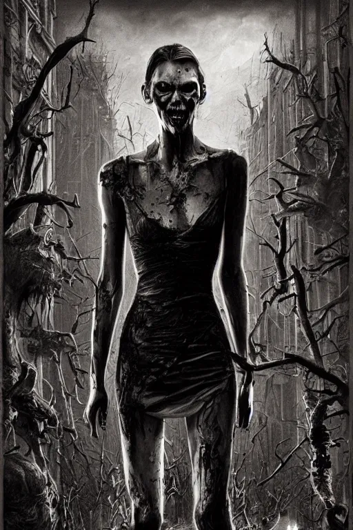 Image similar to movie poster of Karlie Kloss staring in a 1980 horror movie, zombie themed, by artgerm and greg rutkowski