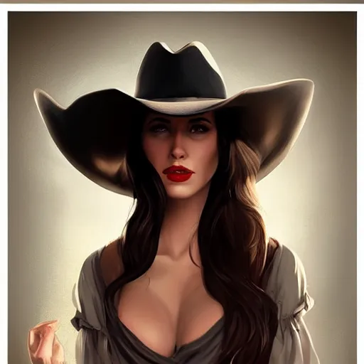 Prompt: portrait of a young woman, long dark hair and an angular face with a scar across the chin. cowboy hat, daring and bold, con - artist and spy, beautiful, rpg, dnd, artgerm