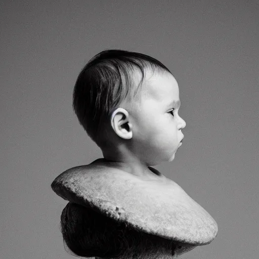 Image similar to A lettuce in the shape of a baby on top of the head of a young man with a short beard, portrait photography