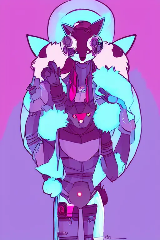 Image similar to a cute cyberpunk anthropomorphic fox with pink fur and blue eyes and a fluffy tail, comic art, trending on furaffinity, cartoon, kawaii, backlighting, furry art!!!, cel shading, concept art, lineless