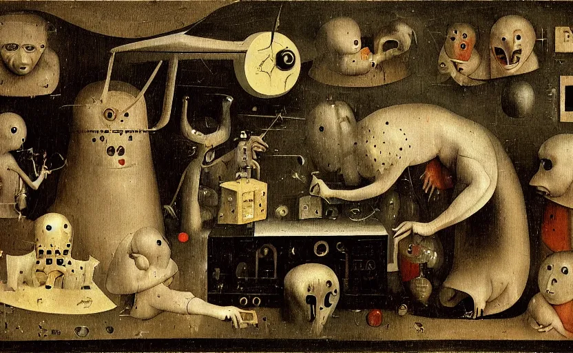 Prompt: an occult machine making copies of a funny little creature by hieronymus bosch