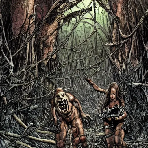 Image similar to sci - fi monster hunters, walking in a flesh and bones forest, hyperdetailed, art liam sharp