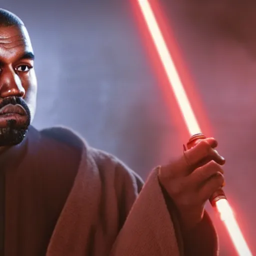 Prompt: Portrait of Kanye West as a jedi in Star Wars, holding lightsabre. splash art, cinematic lighting, dramatic, octane render, long lens, shallow depth of field, bokeh, anamorphic lens flare, 8k, hyper detailed, 35mm film grain