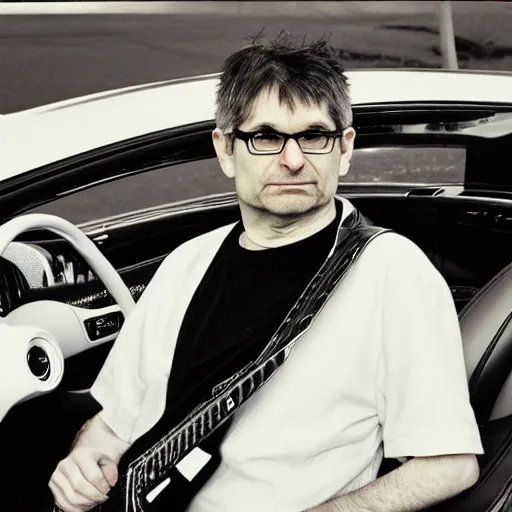 Image similar to steve albini in a bugatti, portrait, by martin parr