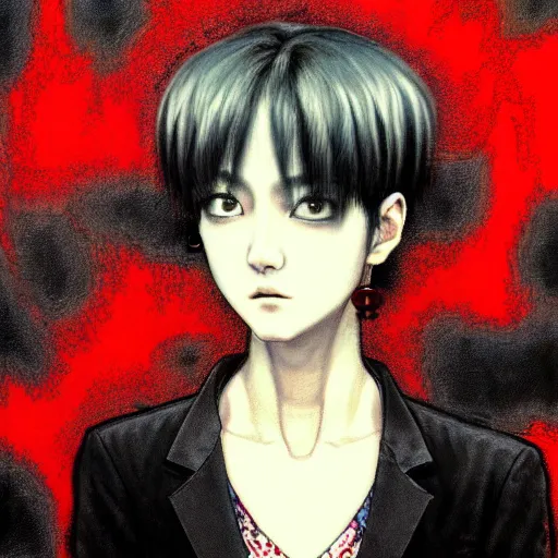 Image similar to yoshitaka amano blurred and dreamy realistic three quarter angle portrait of a sinister young woman with short hair, big earrings, barbed wire and red eyes wearing office suit with tie, junji ito abstract patterns in the background, satoshi kon anime, noisy film grain effect, highly detailed, renaissance oil painting, weird portrait angle, blurred lost edges