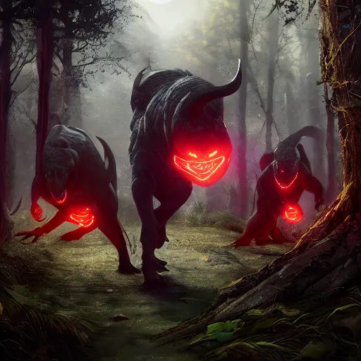 Prompt: group of dark magic trex, red glowing eyes, hunting in the forest. in style of greg rutkowski and hyung - tae kim, trending on artstation, grimdark fantasy, great composition, highly detailed, dynamic pose, vibrant colors, epic, 8 k, unreal engine, octane render