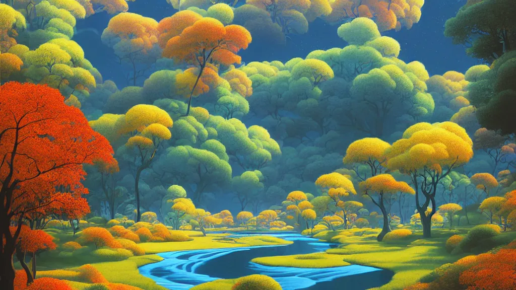 Image similar to digital painting of a lush river valley by gerald brom. blue river. autumn day. chiho aoshima. digital render. detailed. beautiful landscape.