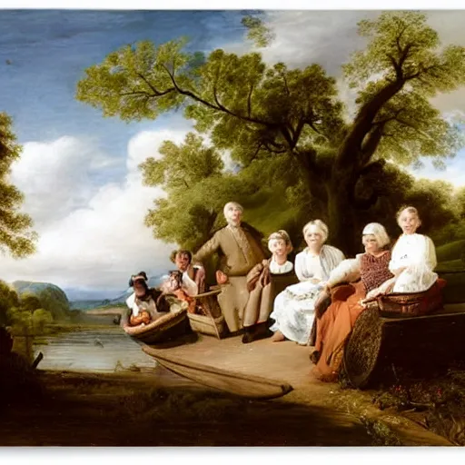 Image similar to cinnabun by jacob van ruisdael, by warren ellis, by charles spencelayh ultradetailed. the computer art of a group of well - dressed women & children enjoying a leisurely boat ride on a calm day. the women are chatting & laughing while the children play with a toy boat in the foreground.