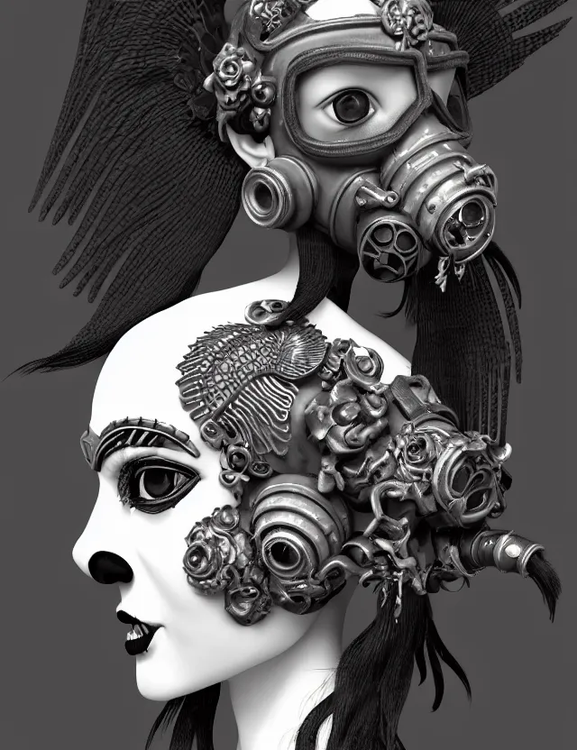 Prompt: 3 d goddess close - up profile punk portrait with vintage gas mask ram skull. beautiful intricately detailed japanese crow kitsune mask and clasical japanese kimono. betta fish, jellyfish phoenix, bio luminescent, plasma, ice, water, wind, creature, artwork by tooth wu and wlop and beeple and greg rutkowski