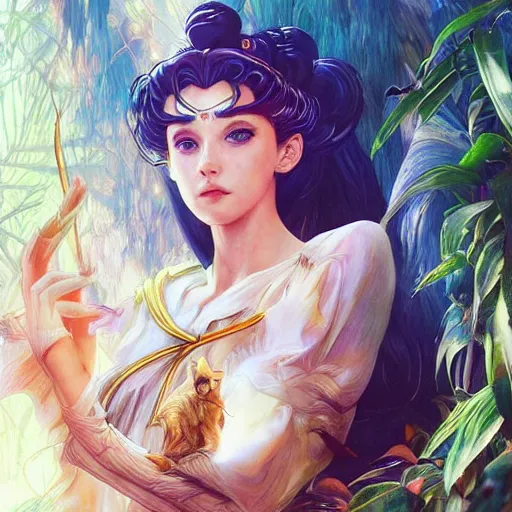 Prompt: Sailor Moon, queen of the jungle, fully clothed, pet animal, jungle fantasy, intricate, cinematic lighting, highly detailed, digital painting, artstation, concept art, smooth, sharp focus, illustration, art by Artgerm and Greg Rutkowski and Alphonse Mucha