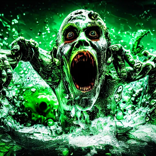 Image similar to zombie creatures in green liquid, green oozing pool pit, cinematic lighting, various refining methods, micro macro autofocus, ultra definition, award winning photo