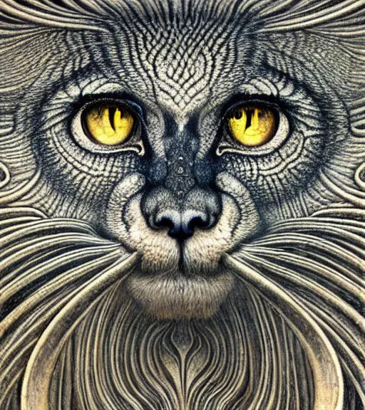 Image similar to detailed realistic beautiful manul portrait by jean delville, gustave dore, iris van herpen and marco mazzoni, art forms of nature by ernst haeckel, art nouveau, symbolist, visionary, gothic, neo - gothic, pre - raphaelite, fractal lace, intricate alien botanicals, ai biodiversity, surreality, hyperdetailed ultrasharp octane render