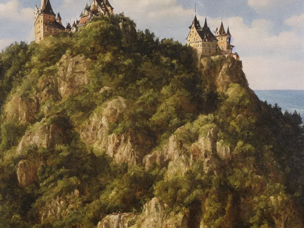 Image similar to a painting of a german castle on the cliff