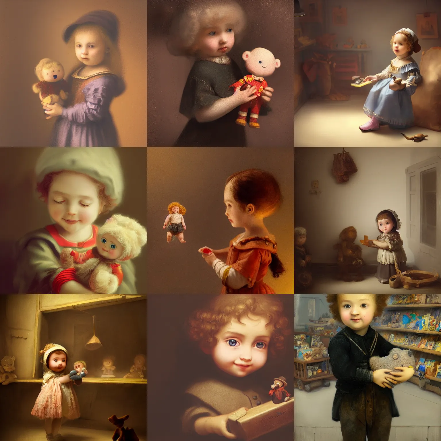 Prompt: a matte painting of an adorable child holding a doll in a toy shop by rembrandt, baroque, artstation, instagram, DOF, soft lighting