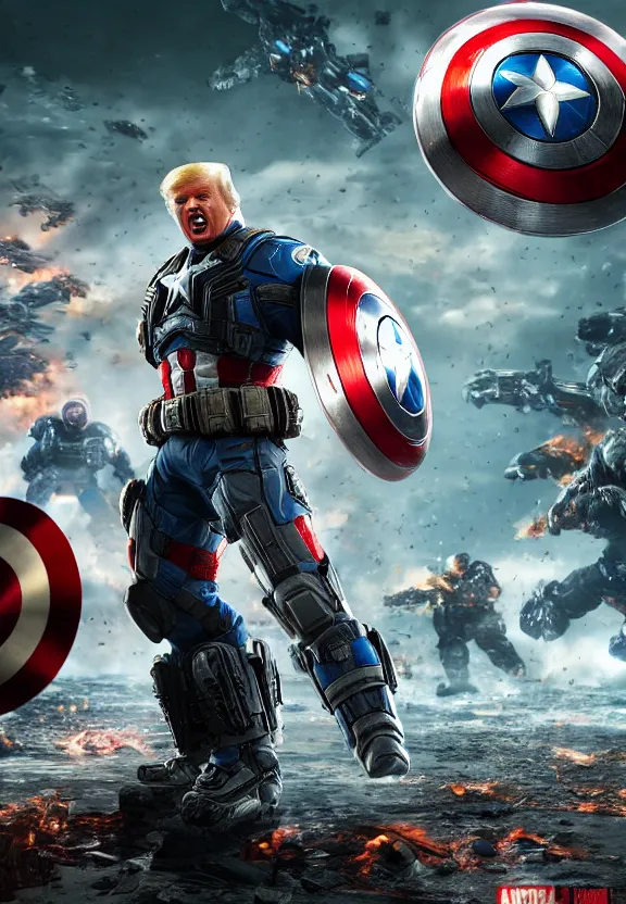 Image similar to Portrait of Donald Trump as captain america in Gears of War, splash art, movie still, cinematic lighting, dramatic, octane render, long lens, shallow depth of field, bokeh, anamorphic lens flare, 8k, hyper detailed, 35mm film grain