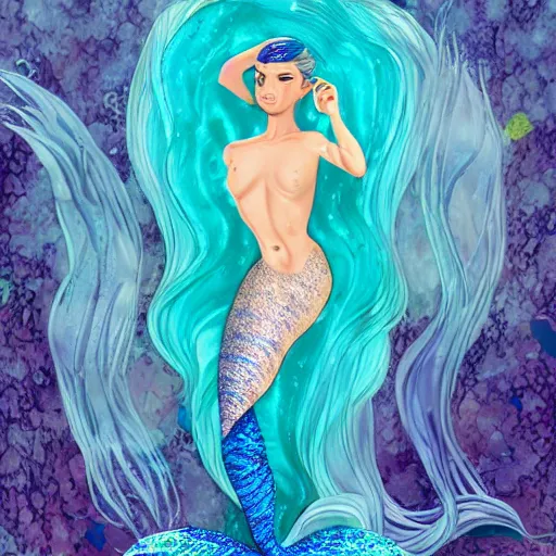 Prompt: full body view of mermaid with blue iridescent scales for skin, fierce black eyes and seaweed for hair, digital art 8k