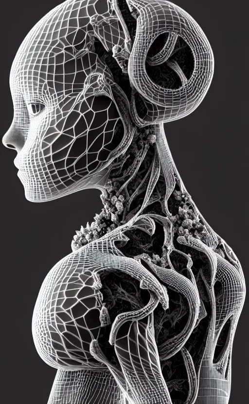 Prompt: a black and white 3D render of a beautiful profile face portrait of a female vegetal-dragon-cyborg, 150 mm, orchids, fine lace, Mandelbrot fractal, anatomical, flesh, facial muscles, wires, microchip, veins, arteries, full frame, microscopic, elegant, highly detailed, flesh ornate, elegant, high fashion, rim light, octane render in the style of H.R. Giger and Man Ray